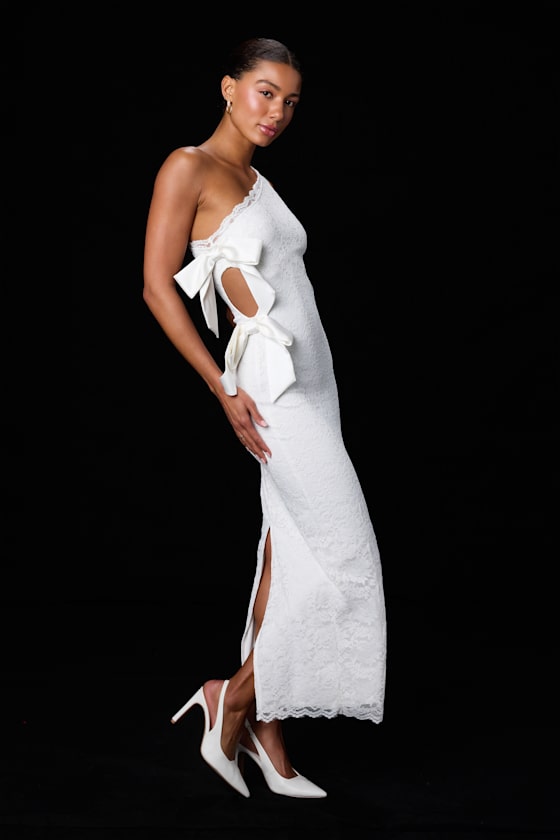 Sophie White Lace One-Shoulder Bow Column Maxi Dress 1