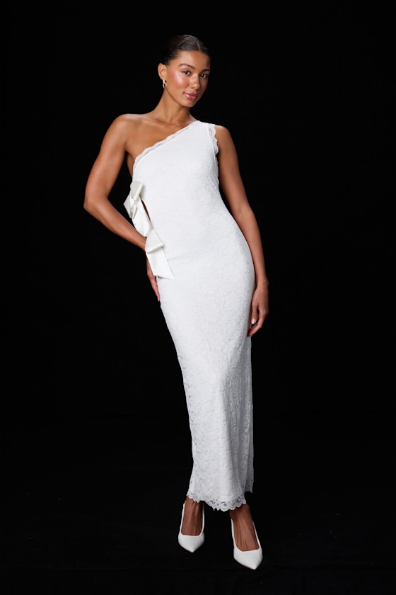 Sophie White Lace One-Shoulder Bow Column Maxi Dress 4