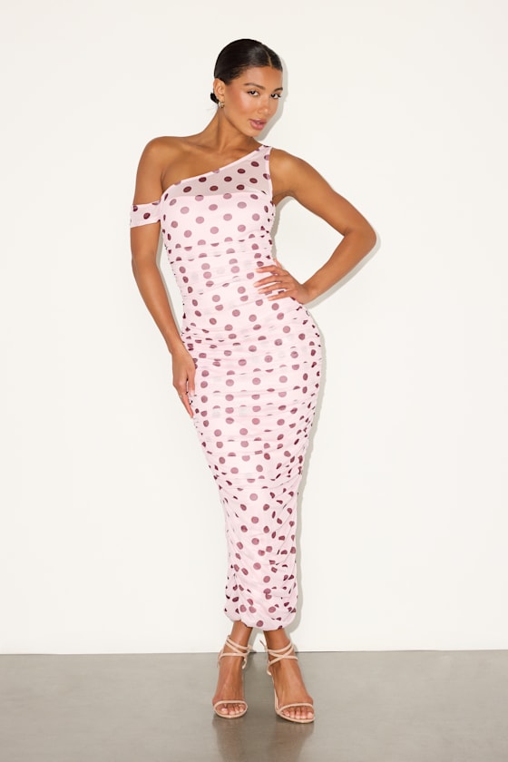 Decca Blush Polka Dot Mesh Ruched Maxi Dress - thumbnail 5
