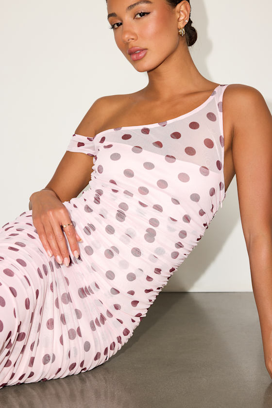 Decca Blush Polka Dot Mesh Ruched Maxi Dress - thumbnail 3