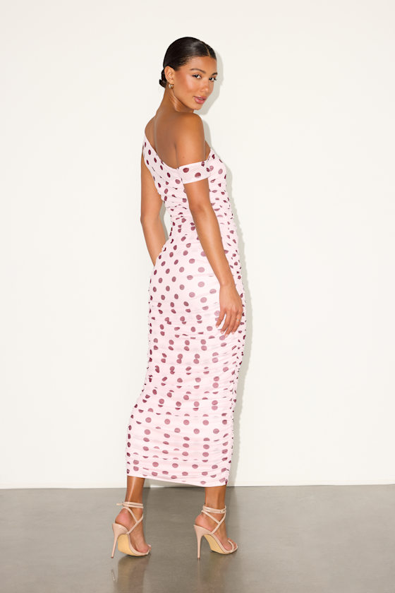 Decca Blush Polka Dot Mesh Ruched Maxi Dress - thumbnail 4