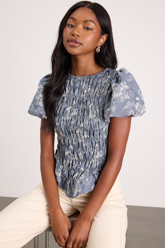 Otti Denim Blue Floral Smocked Top 1