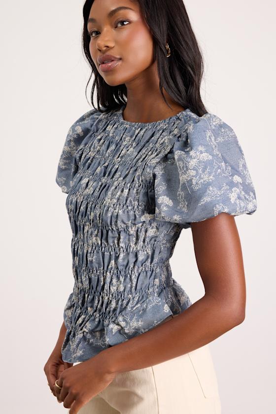 Otti Denim Blue Floral Smocked Top 2