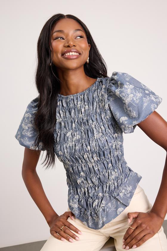 Otti Denim Blue Floral Smocked Top 5