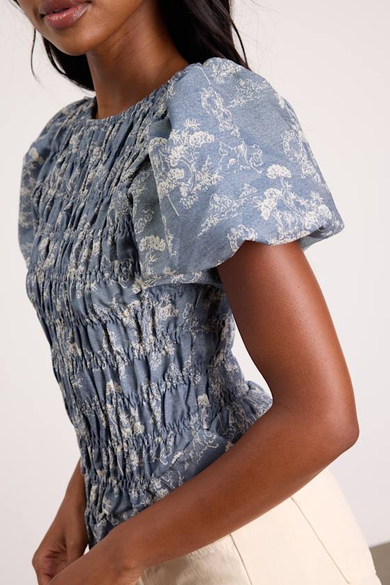 Otti Denim Blue Floral Smocked Top 6