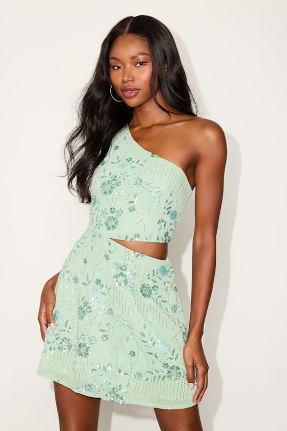 Aleah Mint Green Beaded One-Shoulder Mini Dress 1