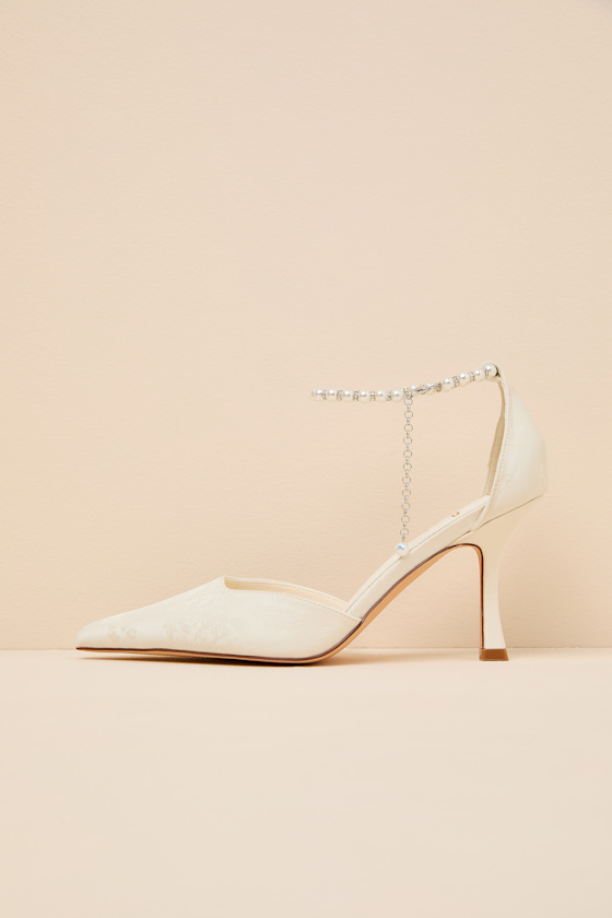 Katie White Satin Pearl Pointed-Toe Ankle Strap Pumps
