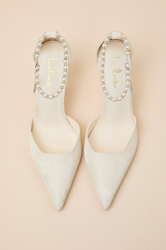 Katie White Satin Pearl Pointed-Toe Ankle Strap Pumps - thumbnail 5