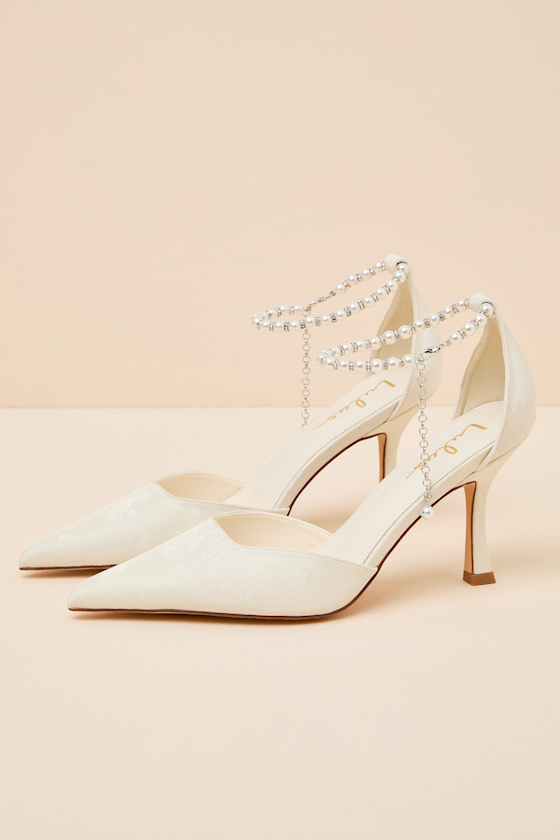 Katie White Satin Pearl Pointed-Toe Ankle Strap Pumps - thumbnail 6