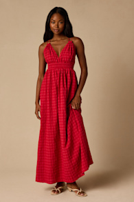 Tamilyn Red Gingham Lace-Up Maxi Dress 2