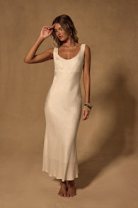 Catia Light Beige Linen Scoop Neck Midi Dress 2