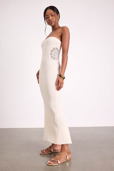 white tube dress long Beaded Maxi Tube Dress Creme White