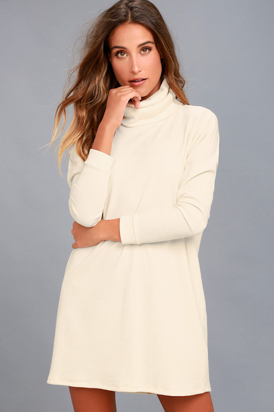 Cream Dress Turtleneck Dress Long Sleeve Dress Knit Dress 52.00