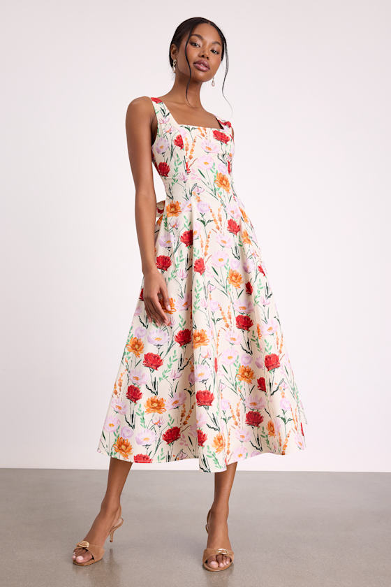 Ivory Multi Floral Dress - Scoop Back Dress - Fit-and-Flare Dress