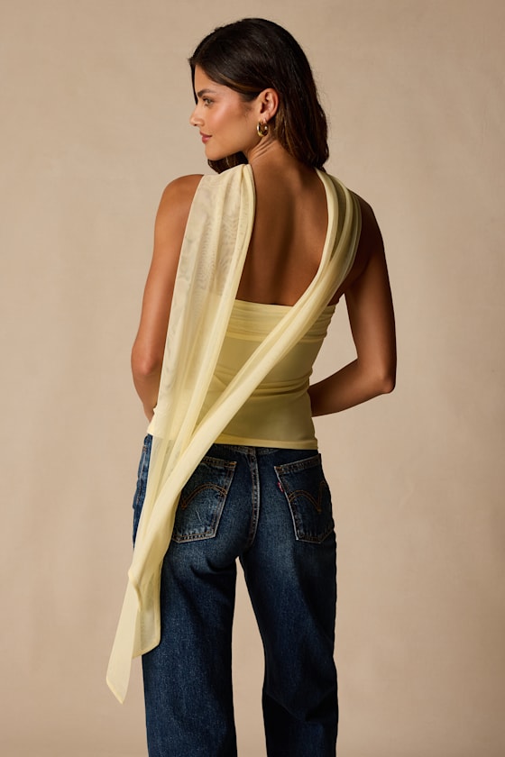 Genevieve Light Yellow Mesh Sash Scarf Strapless Top 3