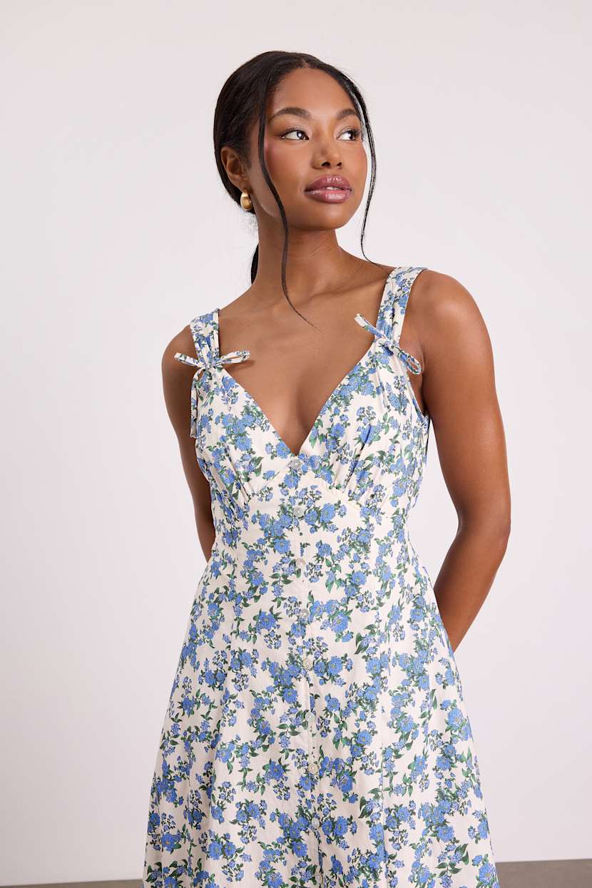 Ivory & Blue Floral Dress - Button-Front Midi Dress - Midi Dress - Lulus Ivory & Blue Floral Dress - Button-Front Midi Dress - Midi Dress - Lulus