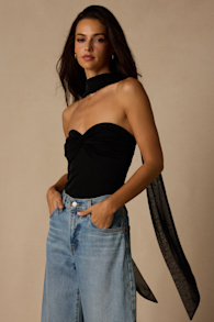 Genevieve Black Mesh Sash Scarf Strapless Top 2