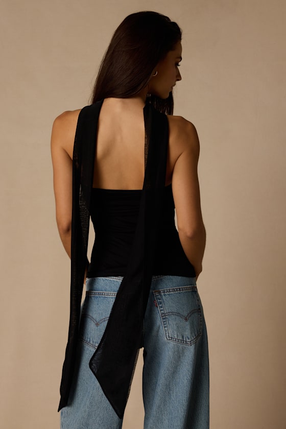 Genevieve Black Mesh Sash Scarf Strapless Top 3