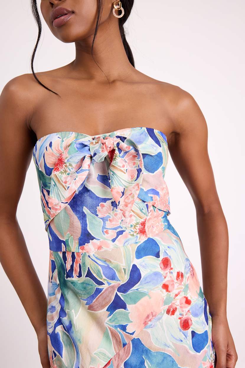 blue floral tie front dress Blue Floral Shoulder Tie Dress