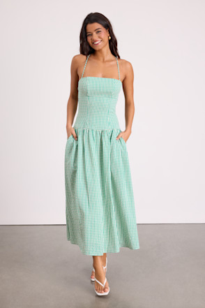 green emerald velvet dress Paula Gingham Cotton Knitted Maxi Dress - Green