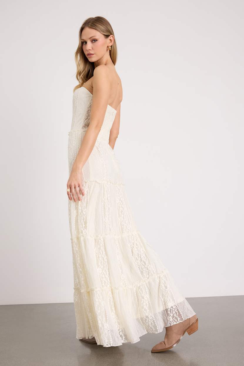 Ivory Lace Strapless Dress - Keyhole Cutout Dress - Tiered Dress - Lulus