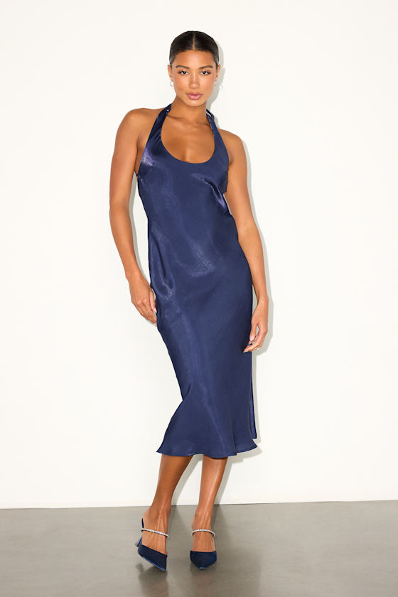 Olandria Navy Blue Halter Midi Slip Dress - thumbnail 2