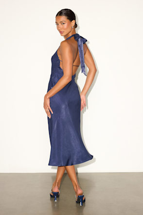 green halter neck evening dress Twist Neck Open Front Velvet Draped Gown