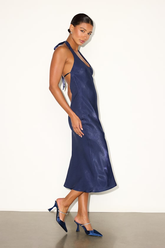 Olandria Navy Blue Halter Midi Slip Dress - thumbnail 4