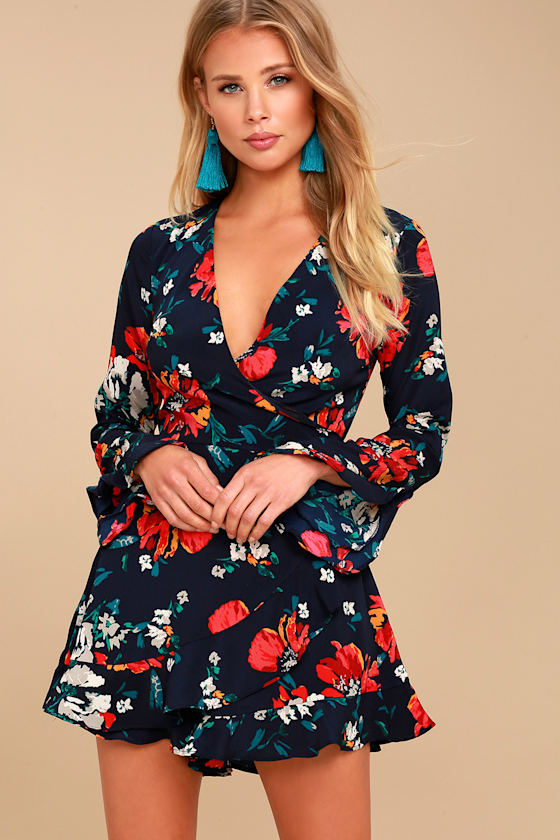 Cute Floral Print Romper Long Sleeve Romper Wrap Romper Lulus