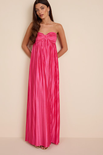 Whimsical Beauty Hot Pink Satin Plisse Strapless Maxi Dress 1