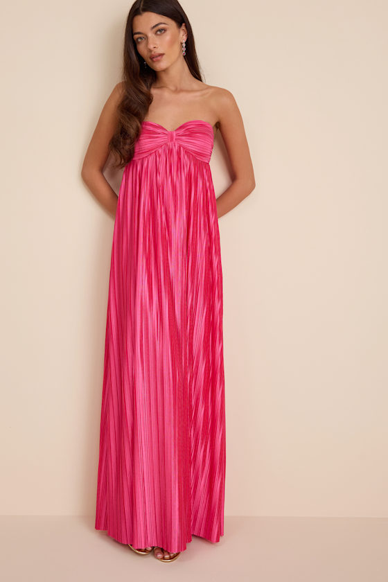 Whimsical Beauty Hot Pink Satin Plisse Strapless Maxi Dress 1