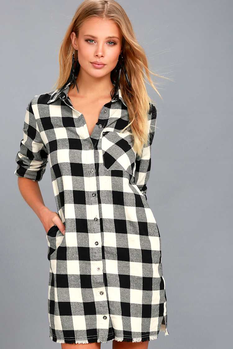 Neck of the Woods Black and White Plaid Shirt Dress