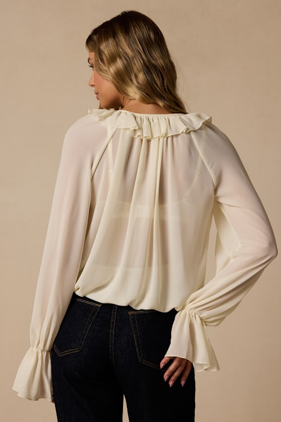 Ivory Chiffon Top - Chiffon Blouse - Tying V-Neck Top - Blouse - Lulus