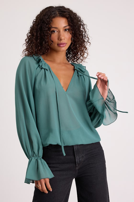 Teal Chiffon Top - Chiffon Blouse - Tying V-Neck Top - Blouse - Lulus
