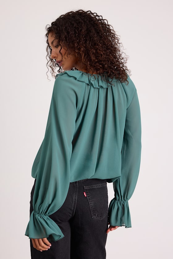 Teal Chiffon Top - Chiffon Blouse - Tying V-Neck Top - Blouse - Lulus