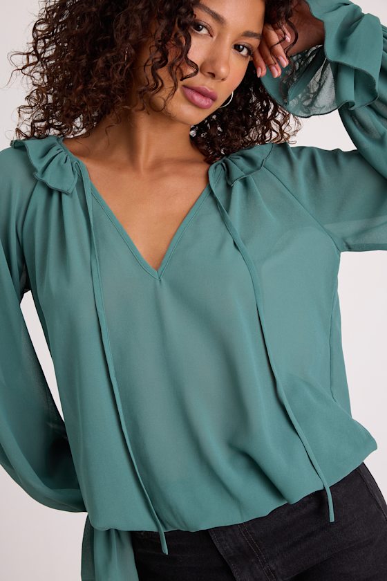 Teal Chiffon Top - Chiffon Blouse - Tying V-Neck Top - Blouse - Lulus