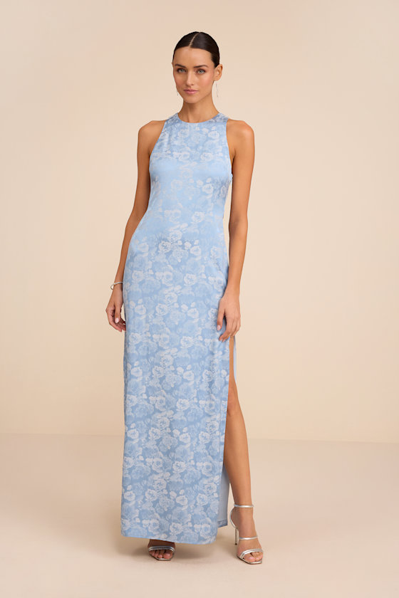 Lamila Light Blue Floral Satin Column Maxi Dress 1