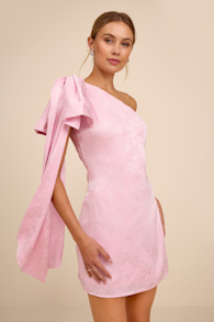 Jayda Light Pink Satin Jacquard One-Shoulder Sash Mini Dress 2