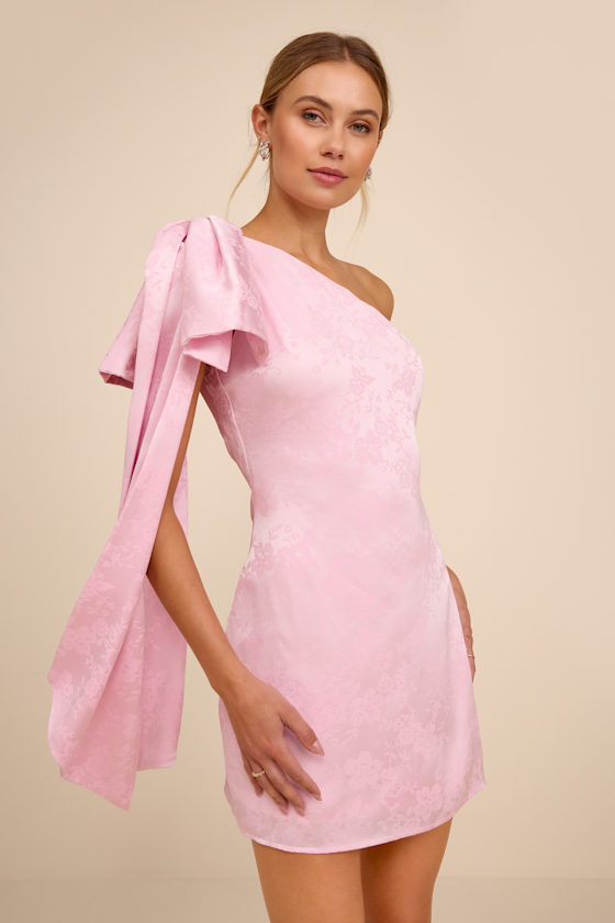 Jayda Light Pink Satin Jacquard One-Shoulder Sash Mini Dress 2
