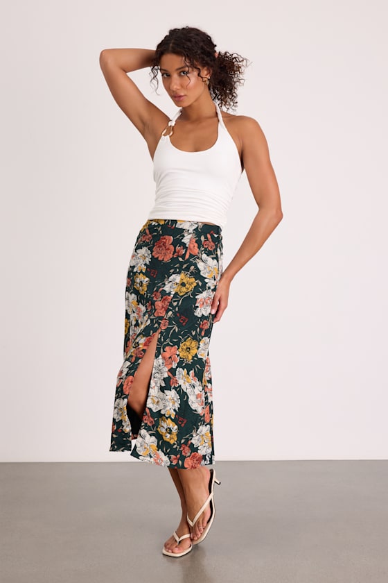 Bliss Me Emerald Floral Print Midi Skirt 2