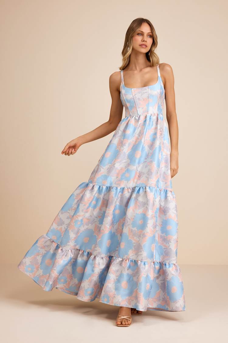Lulus | White Avalie Cream Floral Tiered Bustier Maxi Dress | Womens | X-Small (Available in S, M, L, XL) | 100% Polyester