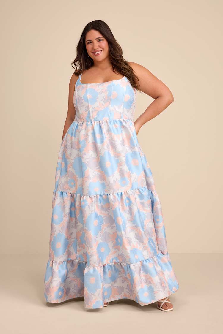 Cream Floral Dress - Tiered Maxi Dress - Bustier Lace-Up Dress - Lulus
