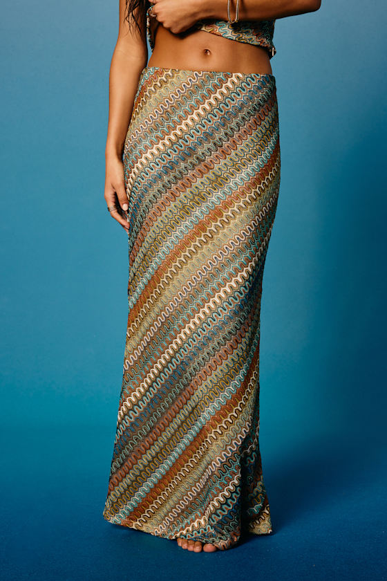 Lulu's Tallulah Brown Multi Crochet Mid-Rise Maxi Skirt