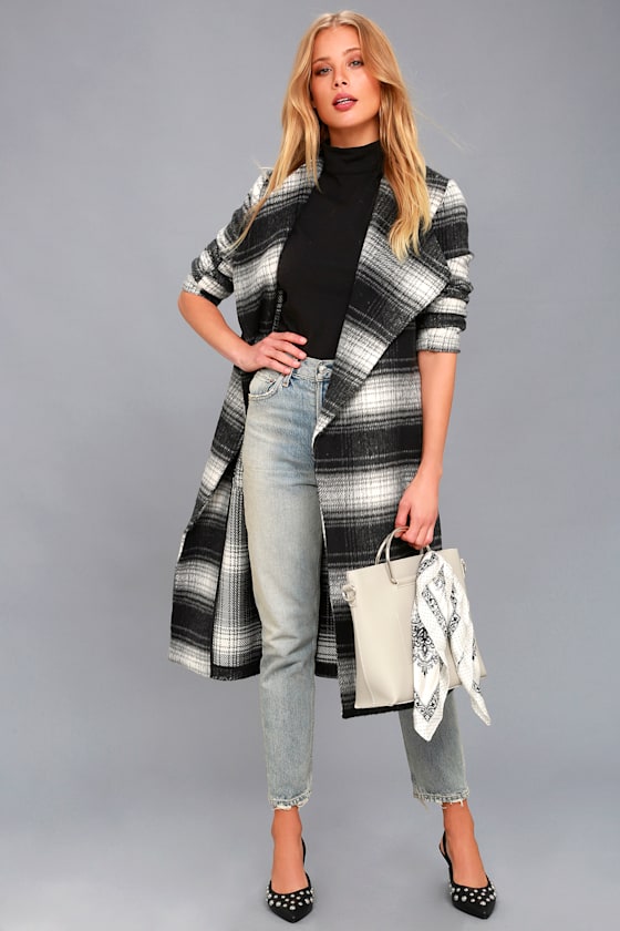 Sisson Black and White Plaid Wrap Coat 2
