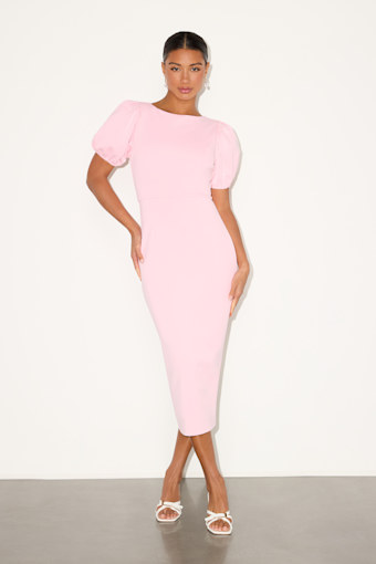 Simply Beloved Light Pink Puff Sleeve Bodycon Midi Dress 1