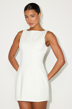 blue dress for baby girl Berylove Women Ivory A Line Graduation Dress Double Breasted Boat Neck Midi Work Dress, Ivory / US14 main image 0