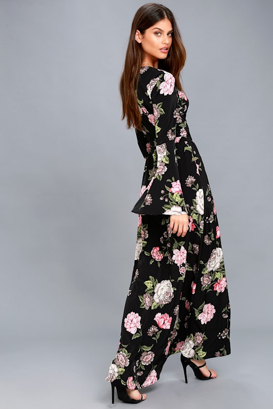Lovely Black Floral Print Dress - Wrap Dress - Maxi Dress - Lulus