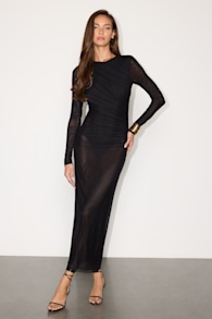 Jocelyn Black Mesh Long Sleeve Maxi Bodysuit Dress 1