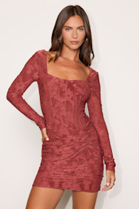 Celeste Dark Mauve Floral Burnout Long Sleeve Mini Dress 2