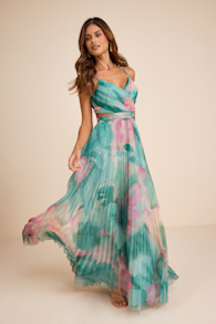 Estelle Teal Blue Floral Pleated Cutout Maxi Dress 1